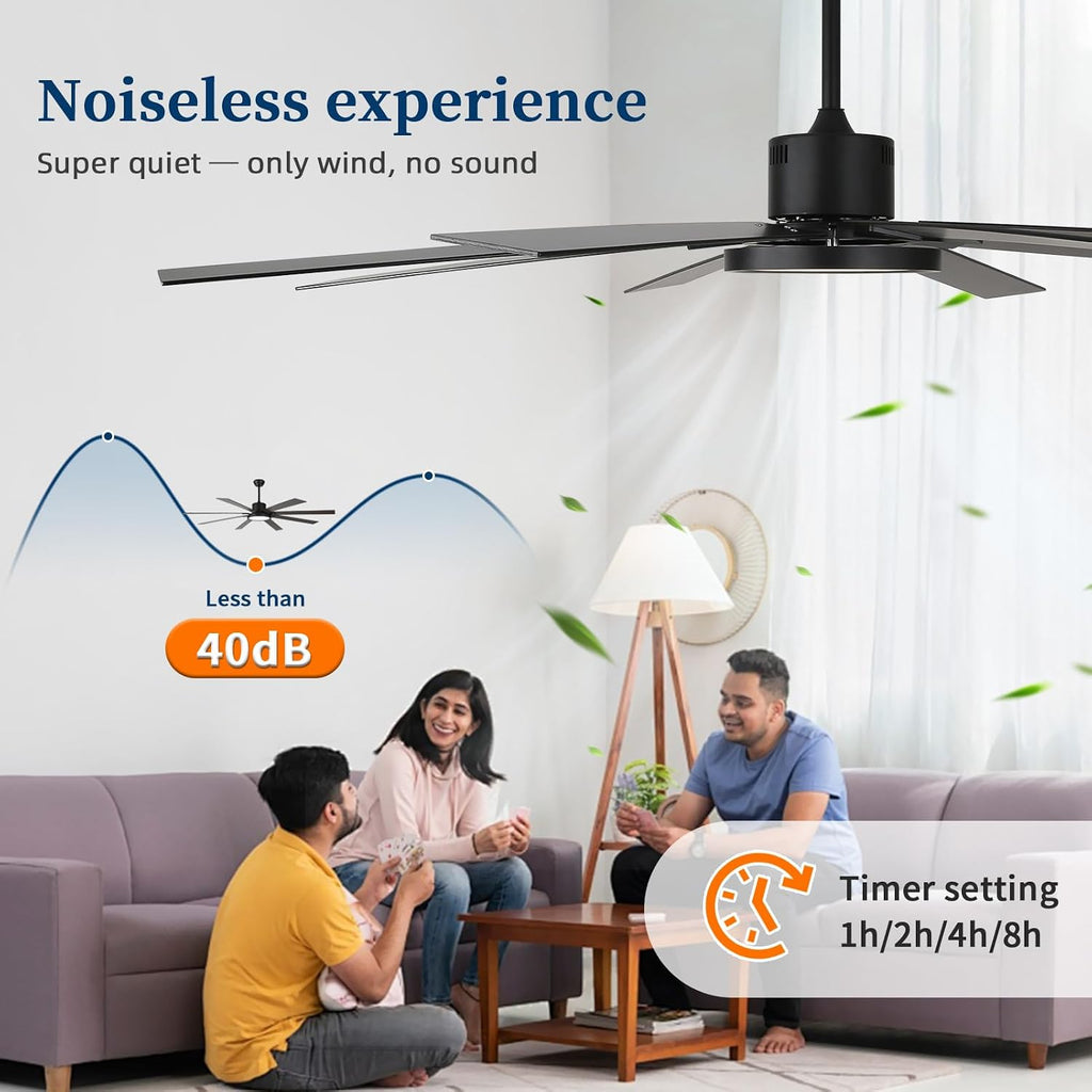 72 inch Ceiling Fans with Lights and Remote Control，Indoor/Outdoor Large Modern Ceiling Fan with 8 Blades, 3CCT, 6-Speed,Black Ceiling Fan for Patios/Garage/Shop/Living Room
