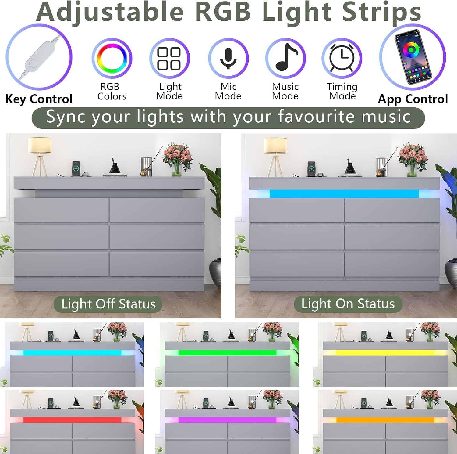 Gyfimoie 6 Drawer Dresser with Power Outlet, Dresser with LED Light, Modern Chest of Drawers for Closet, Double Wide Drawer Organizer Cabinet for Bedroom, Living Room (Grey, 6 Drawers)