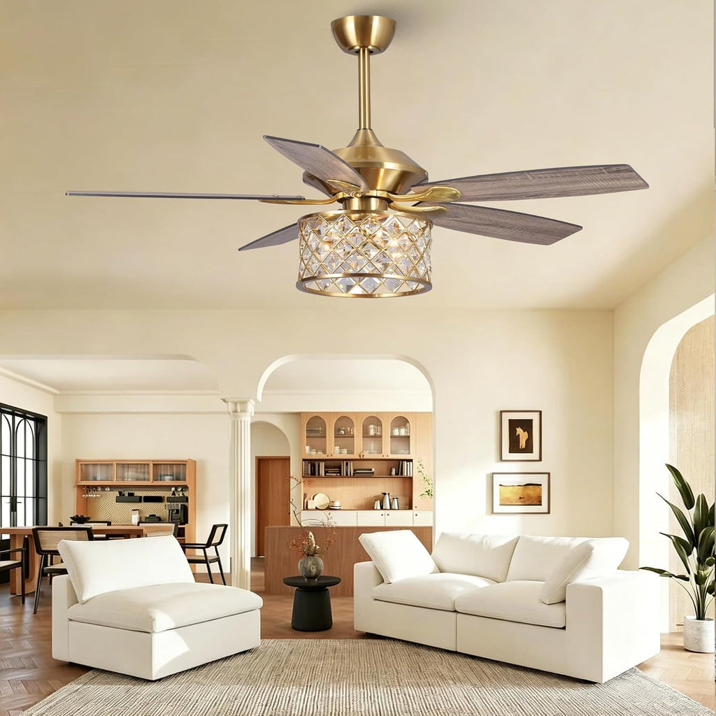 52' Crystal Ceiling Fan with Lights and Remote, Farmhouse Bronze Ceiling Fan, Reversible 5-Blade Ceiling Fan with E12 Light Kit, Rustic Glam Chandelier Fan for Bedroom Living Room Dining Room