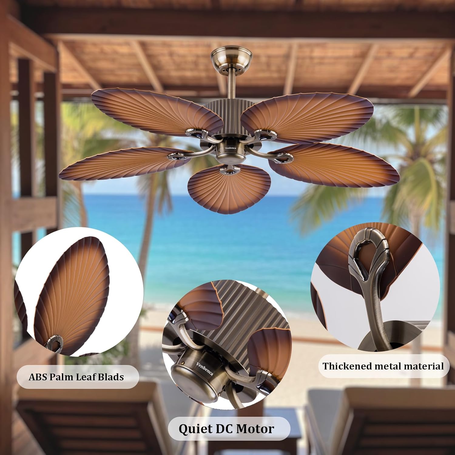 52inch Ceiling Fan Palm Island 5 Palm Leaf Blades No Light Remote Control Timer 6 Speeds Quiet DC Ceiling Fans Tropical Style Ceiling Fans Indoor Outdoor (Bronze+Coffee)