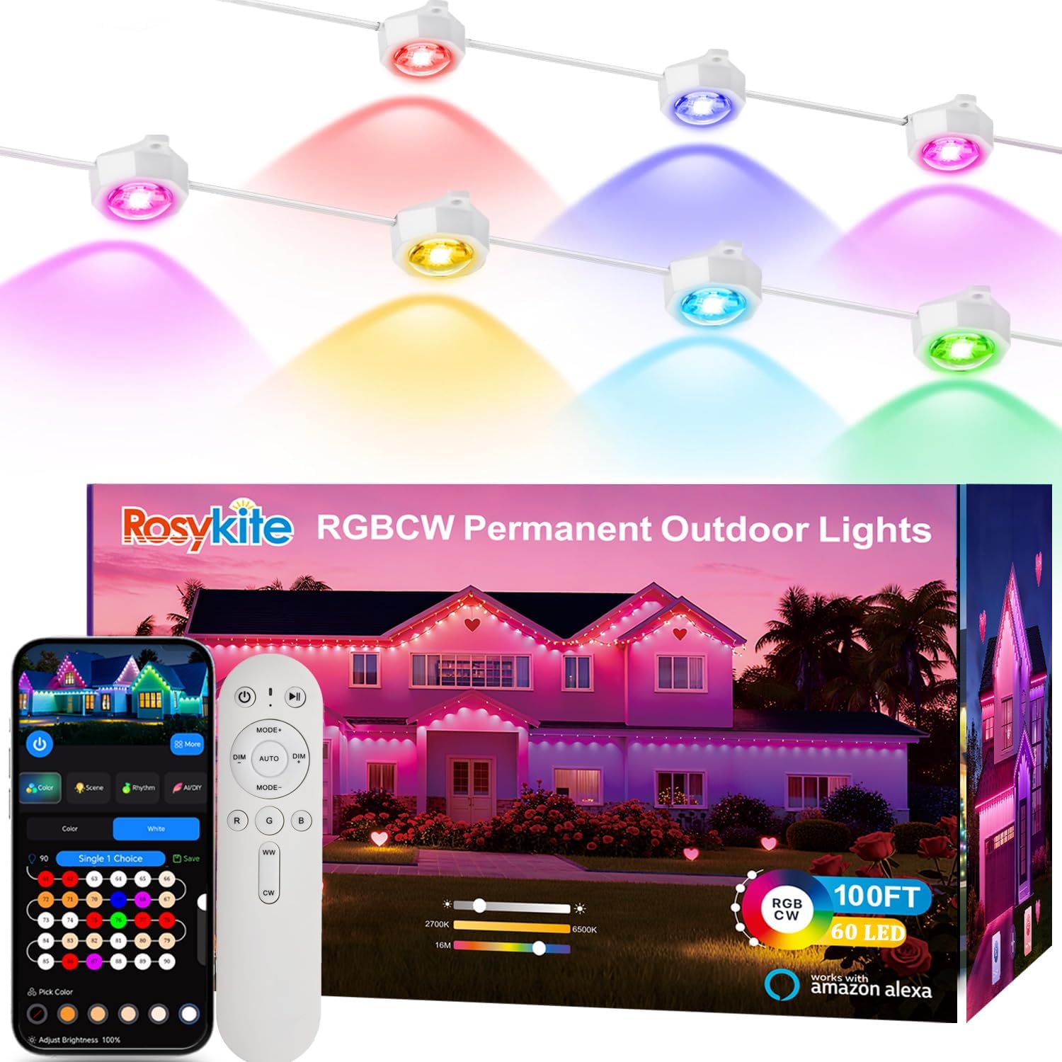 rosykite Permanent Outdoor Christmas Lights for House,100ft Smart RGB+IC Color Eave Lights,Tunable Warm to Cool White 60lm for Daily Lighting,IP67 Waterproof, Alexa Google APP Remote Control