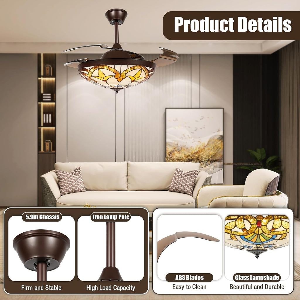 42' Tiffany Style Retractable Ceiling Fan Light Invisible Ceiling Fan Retro Stained Glass LED Dimmable Chandelier with Remote 3-Color Changes and 6-Speed for Home, Bar, Restaurant, Hotel, Cafe