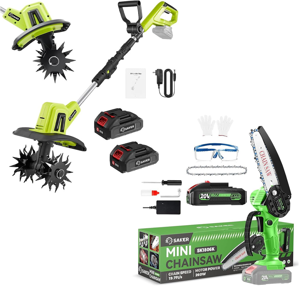 Saker Combo: 6 - Inch Upgraded Mini Cordless Chainsaw + 22V Cordless Electric Garden Tiller Cultivator - Your Ultimate Gardening Set