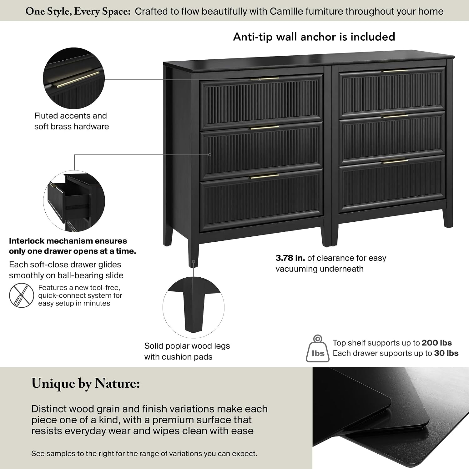 Bush Home 3 Drawer Dresser - Set of 2, Bedroom Furniture and Storage, Camille Collection, Onyx Birch