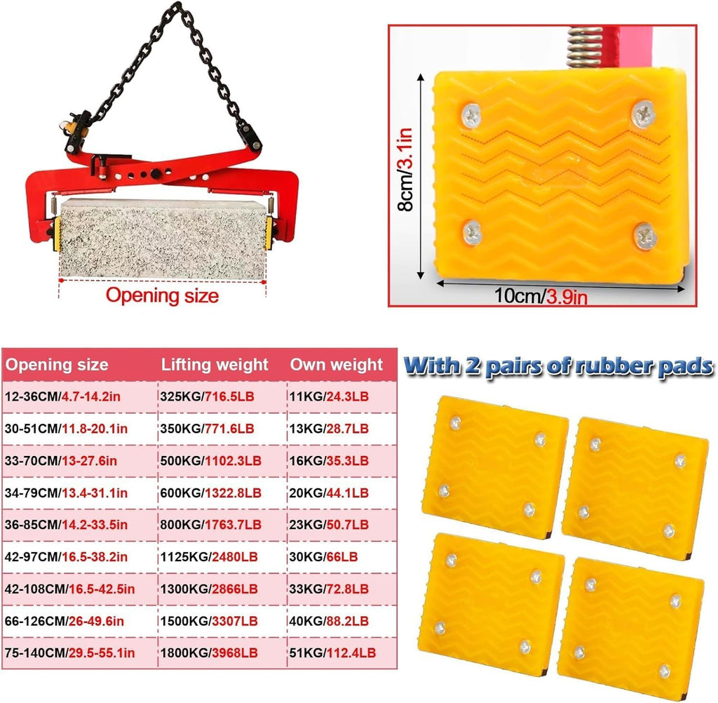 Heavy Duty Stone Lifting Clamps with Rubber Mats - 2 Pairs, Scissor Style Slab Lifters for Granite, Timber, Steel, Glass Handling in Road Construction - 1' Opening Size