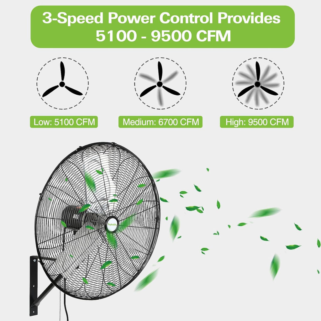 hykolity 30 in. High Velocity Industrial Wall Fan, 9500 CFM 3-Speed Wall Mount Oscillating Fan, Heavy Duty Shop fan for Garage, Warehouse, Workshops, Commercial and Factory, UL Listed