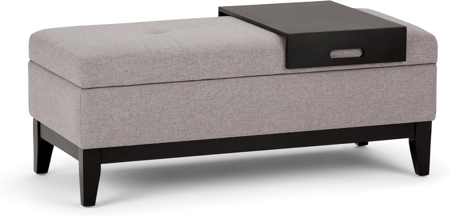 SIMPLIHOME Oregon Storage Ottoman Bench with Tray - 42 inch Wide Upholstered Linen Look Fabric Rectangle Storage Ottoman Bench in Cloud Grey, Transitional Tufted Ottoman for Living Room with Lift Top