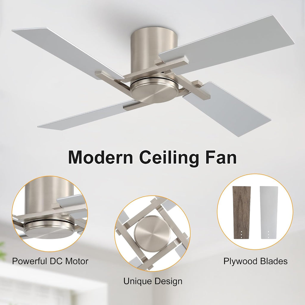 WINGBO 48 Inch Flush Mount Ceiling Fan without Light - 4 Plywood Blades, 6-Speed Reversible DC Motor, Noiseless Low Profile Ceiling Fan No Light for Bedroom Living Room, Nickel and Silver/Gray