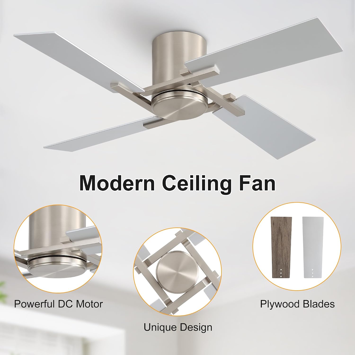 WINGBO 48 Inch Flush Mount Ceiling Fan without Light - 4 Plywood Blades, 6-Speed Reversible DC Motor, Noiseless Low Profile Ceiling Fan No Light for Bedroom Living Room, Nickel and Silver/Gray