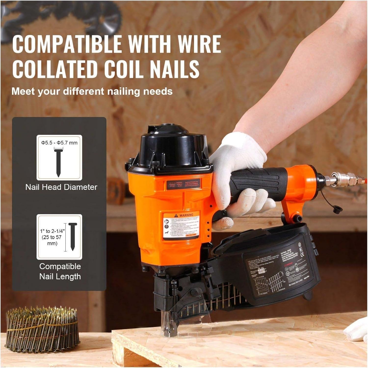 MCN55 Coil Nailer - 15 Degree Pneumatic Nail Gun - 1 to 2-1/4 Inch Coil Siding Nailer - Wood Pallet & Furniture Assembly - High Capacity Magazine
