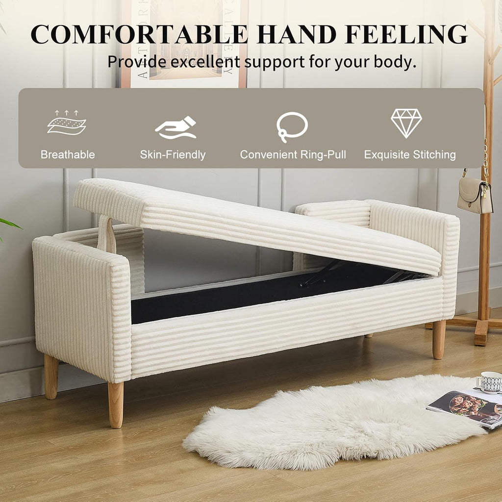 NIOIIKIT 65' Large Storage Ottoman Bench with 2 Pillows, Corduroy Upholstered Entryway Bench with Wood Leg, End of Bed Bench with Straight Armrest, Window Bench for Bedroom, Entryway (White)