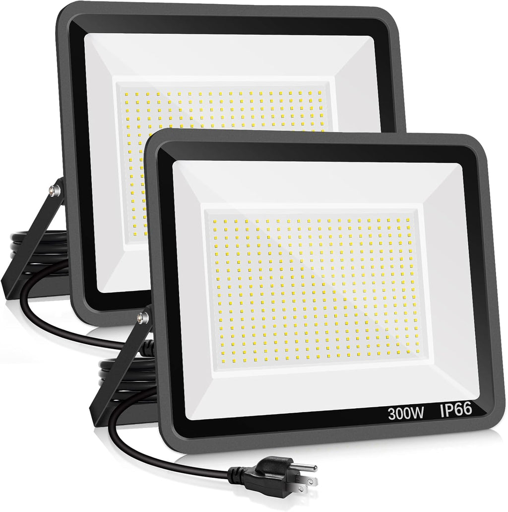 YANYCN 2 Pack 300W Warm White Led Flood Lights Outdoor,3000K Super Bright 43500LM Security Lights with Plug,Exterior IP66 Waterproof FloodLight for Basketball Court, Yard, Garden, Playground