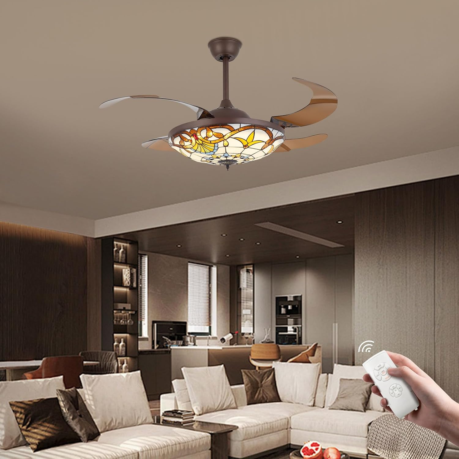 Retro 3 Color Ceiling Fan 3 Gear Wind Lights Ceiling Fan Chandelier with Remote Control, Flush Mount Ceiling Fan Lighting Fixture for Bedroom Store Office Loft-US Stock
