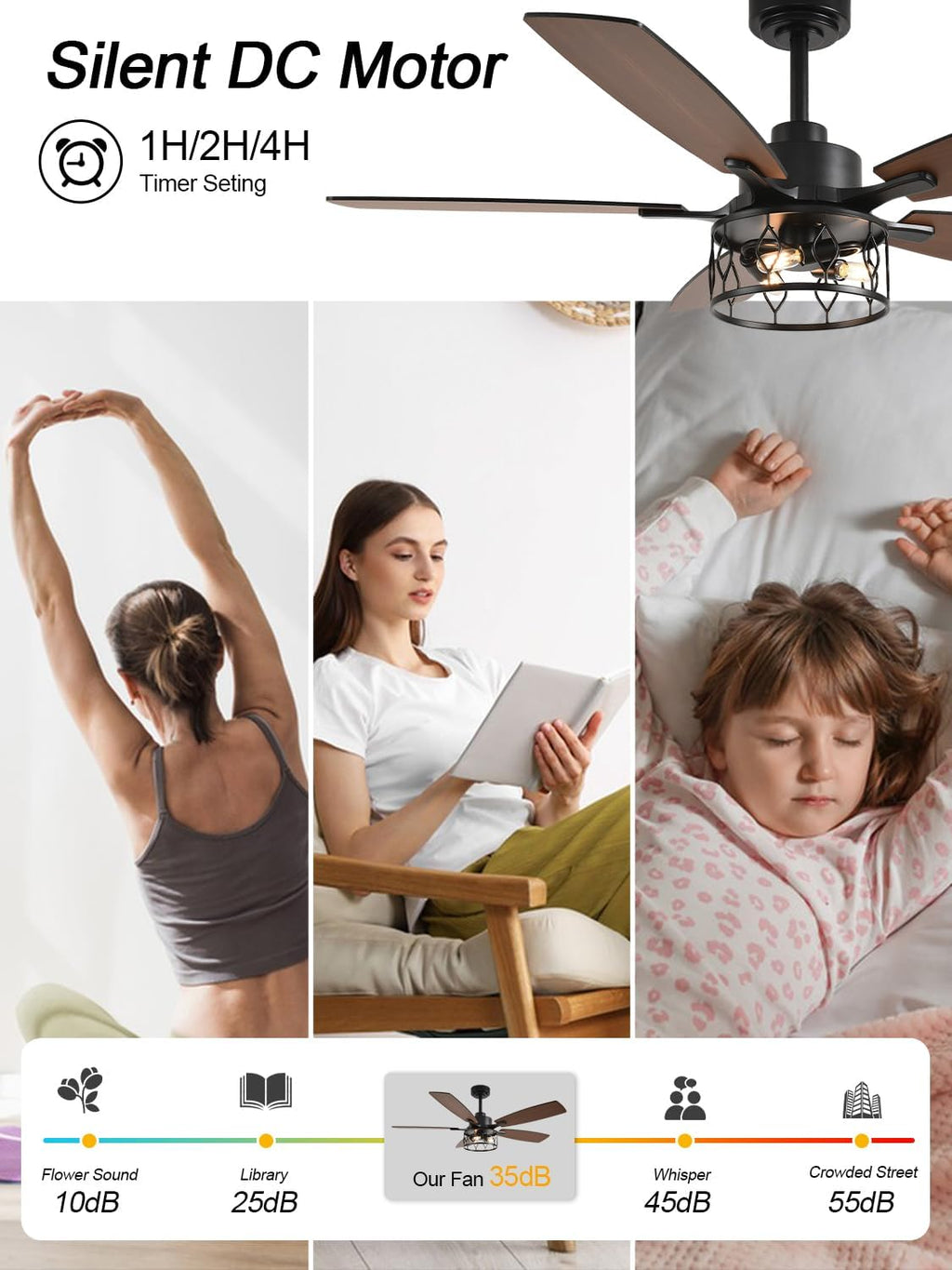 Rustic Ceiling Fan with Lights and Remote, Large Farmhouse Ceiling Fan Caged Fandelier Chandelier, Reversible Quiet DC Motor 6 Speeds for Living Room (Black Cage, 52 Inch)