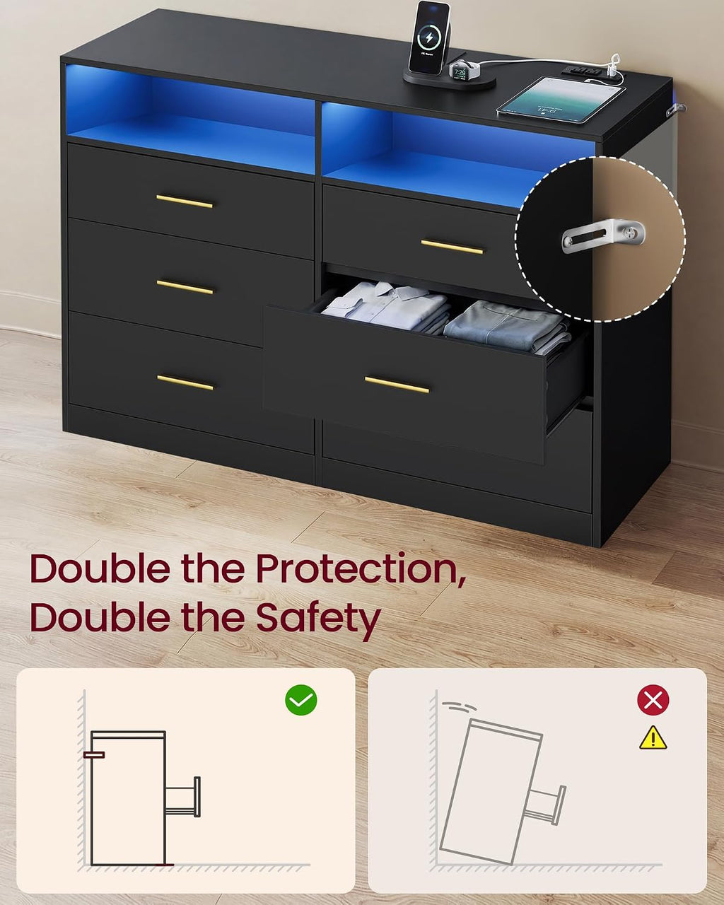 VASAGLE Custos Collection - Dresser for Bedroom, with LED Lights and Power Strip, Chest of Drawers, Modern, TV Stand for Living Room, 6 Drawers, 15.8 x 46.9 x 32 Inches, Ink Black ULTS316BC01S