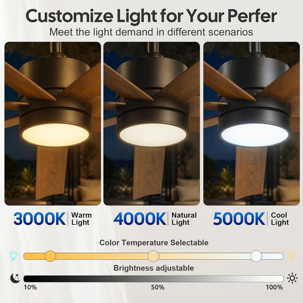 56 Inch Wet Rated Outdoor Ceiling Fan with Light, Waterproof All Weather 7 Brown Blades, Smart App/Voice/Remote Control, High CFM Quiet DC Motor & UV Coating, for Exterior Patios, Gazebo Porch Pergola