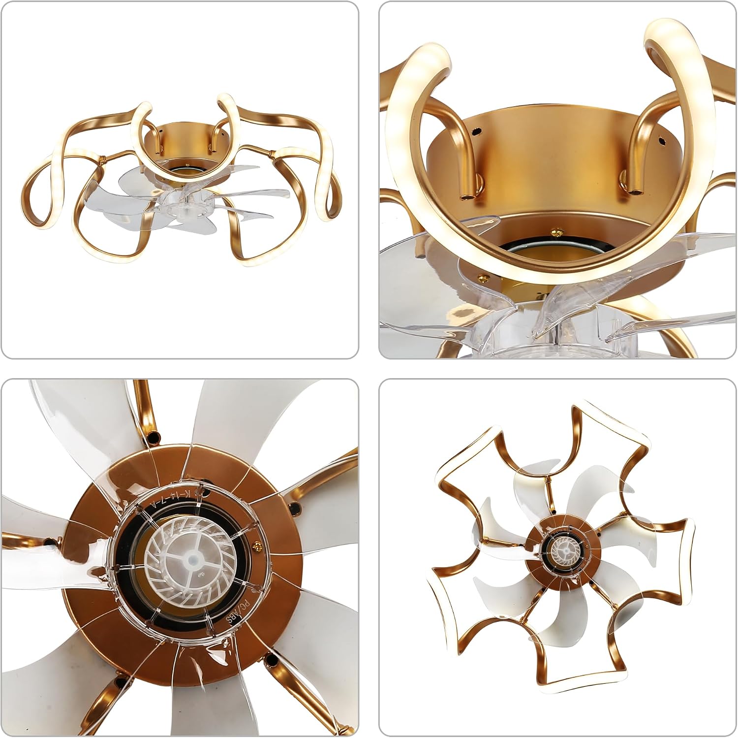 Bella Depot Modern Gold Ceiling Fan, Low Profile Chandelier Fan with Light, Flush Mount LED Ceiling Fan with Dimmable 3 Color LED Lights, Reversible, Timing, APP Control for Bedroom Kitchen