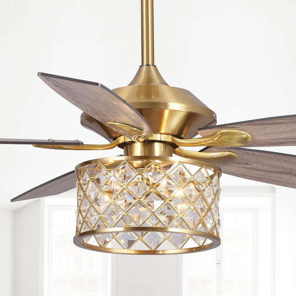 52' Crystal Ceiling Fan with Lights and Remote, Farmhouse Bronze Ceiling Fan, Reversible 5-Blade Ceiling Fan with E12 Light Kit, Rustic Glam Chandelier Fan for Bedroom Living Room Dining Room