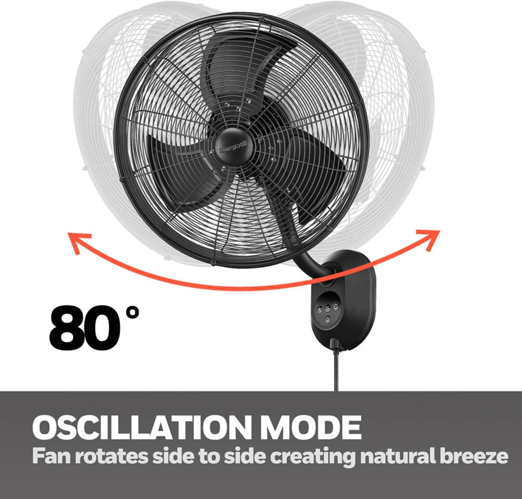 Honeywell Wall Fan, Oscillating Outdoor Wet-Rated Cooling Unit with Remote, Matte Black - Powerful Airflow for Patios, Garages, or Workshops