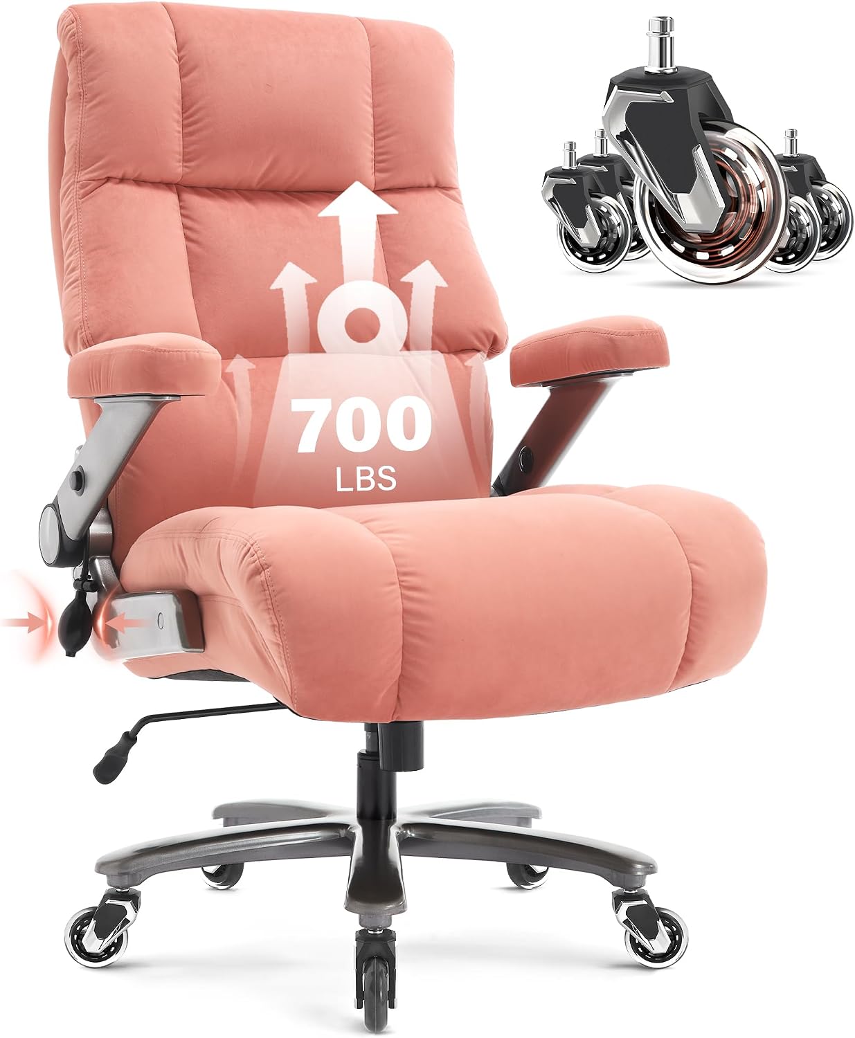 Big and Tall Office Chair 700lbs- Executive Desk Chair with Adjustable Lumbar Support 3D Flip UP Arms- Heavy Duty Quiet Wheels Metal Base Ergonomic Computer Chairs, Pink
