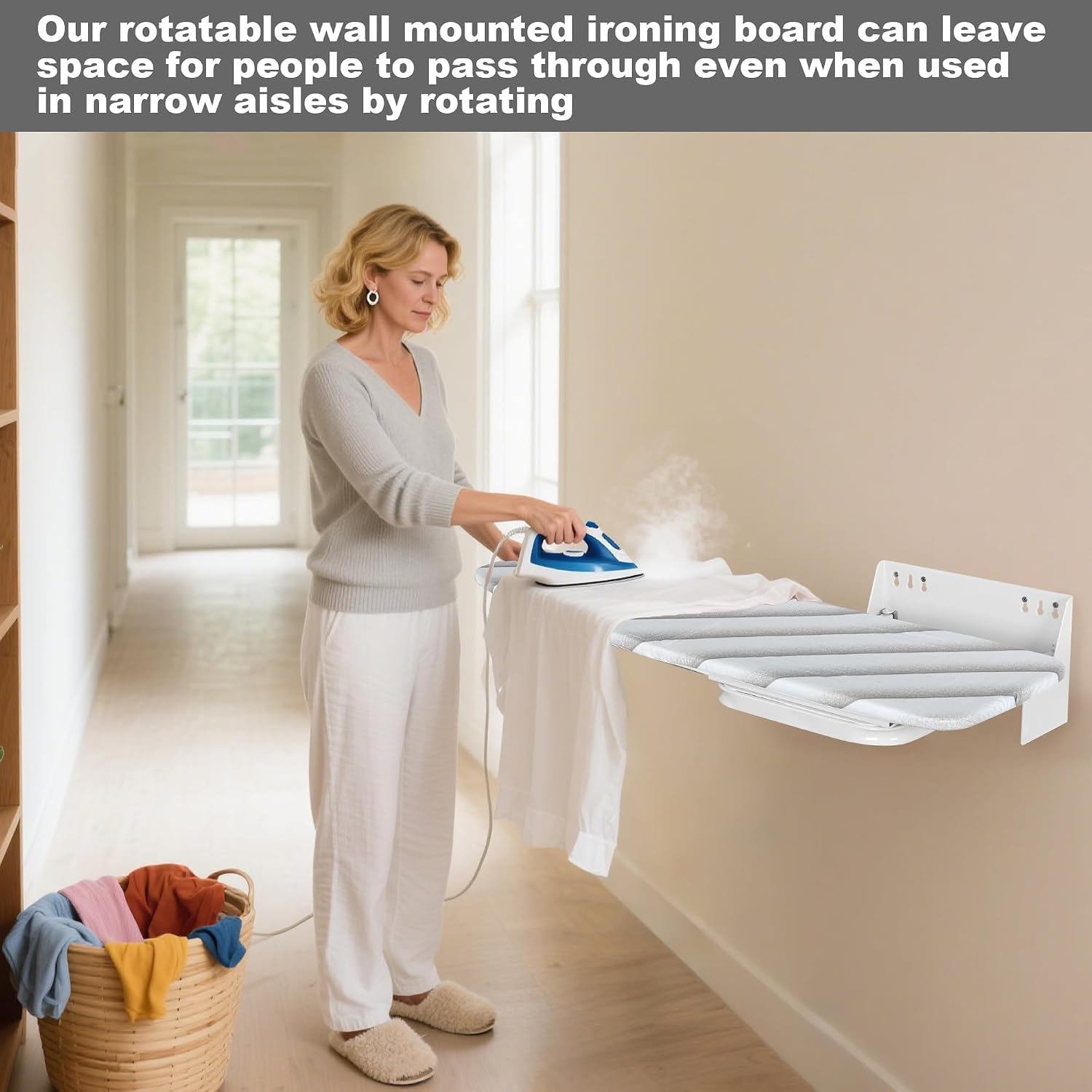 uyoyous Wall Mounted Ironing Board 37.4x11.8 inch Compact Folding Iron Board Wall Mount Space-Saving 180° Swivel Ironing Boards with Heat Resistant Cover for Home Laundry Room, Small Spaces
