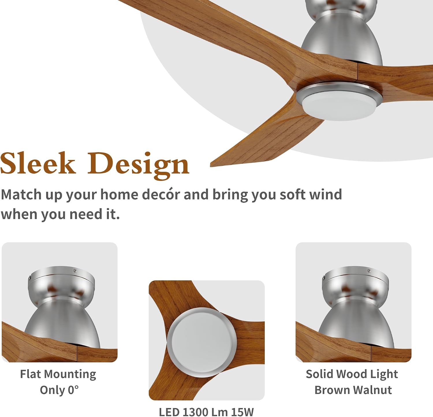 52' Smart Low Profile Ceiling Fans with Dimmable Lights Remote, Whisper-Quiet DC Motor,Outdoor Indoor Flush Mount Ceiling Fan,Control with WIFI Alexa App,3 Antique Solid Wood Blades,for Living Room