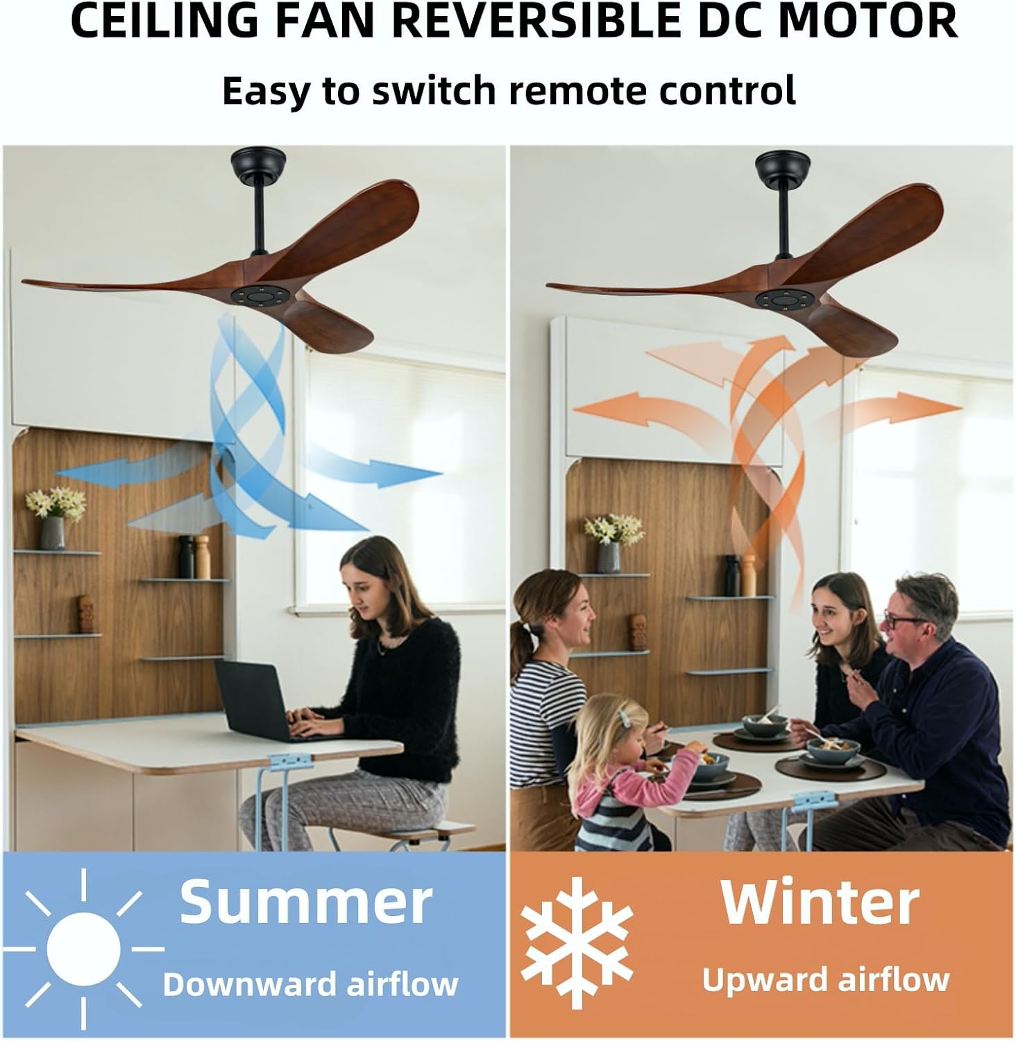 42 Inch Ceiling Fan Unlit, Solid Wood Ceiling Fan Unlit, with Remote Control, Reversible DC Motor, Indoor Bedroom Living Room Office Outdoor Patio Ceiling Fan