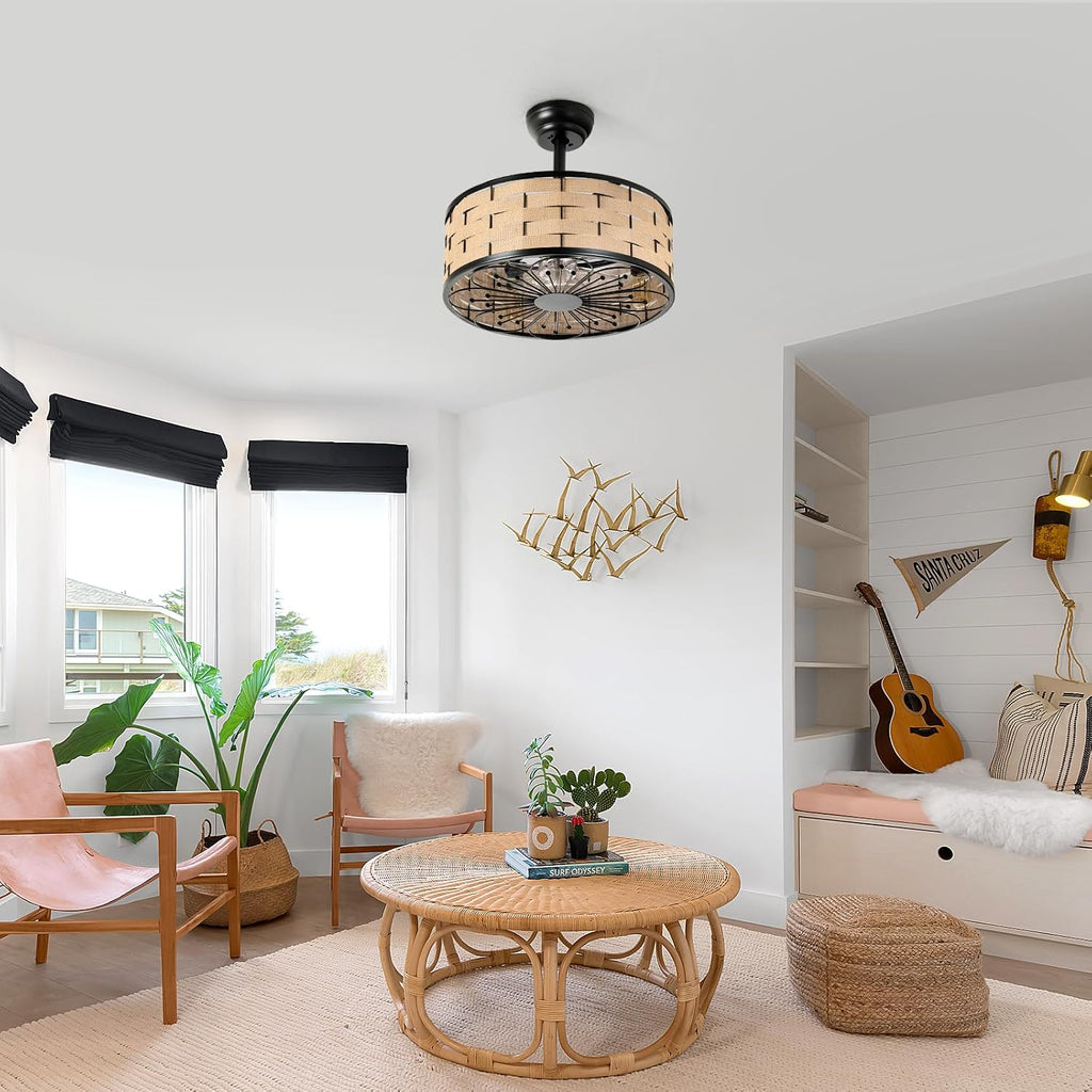18.9in Boho Fandelier Ceiling Fan with Lights Wicker Chandelier Fan Rattan Caged Ceiling Light with Fans for Kitchen Island Bedroom Dining Room, Remote Control Reversible 6 Speeds E26 Base