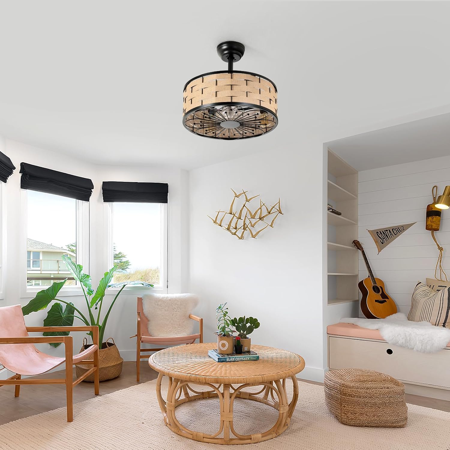 18.9in Boho Fandelier Ceiling Fan with Lights Wicker Chandelier Fan Rattan Caged Ceiling Light with Fans for Kitchen Island Bedroom Dining Room, Remote Control Reversible 6 Speeds E26 Base
