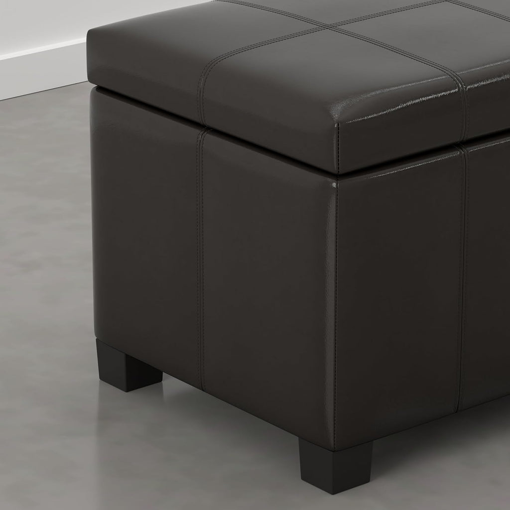 SIMPLIHOME Dover Storage Ottoman Bench - 36 inch Wide Upholstered Vegan Leather Rectangular Lift-Top Ottoman in Dark Clove Brown, Contemporary Bench for Living Room with Safety Hinges