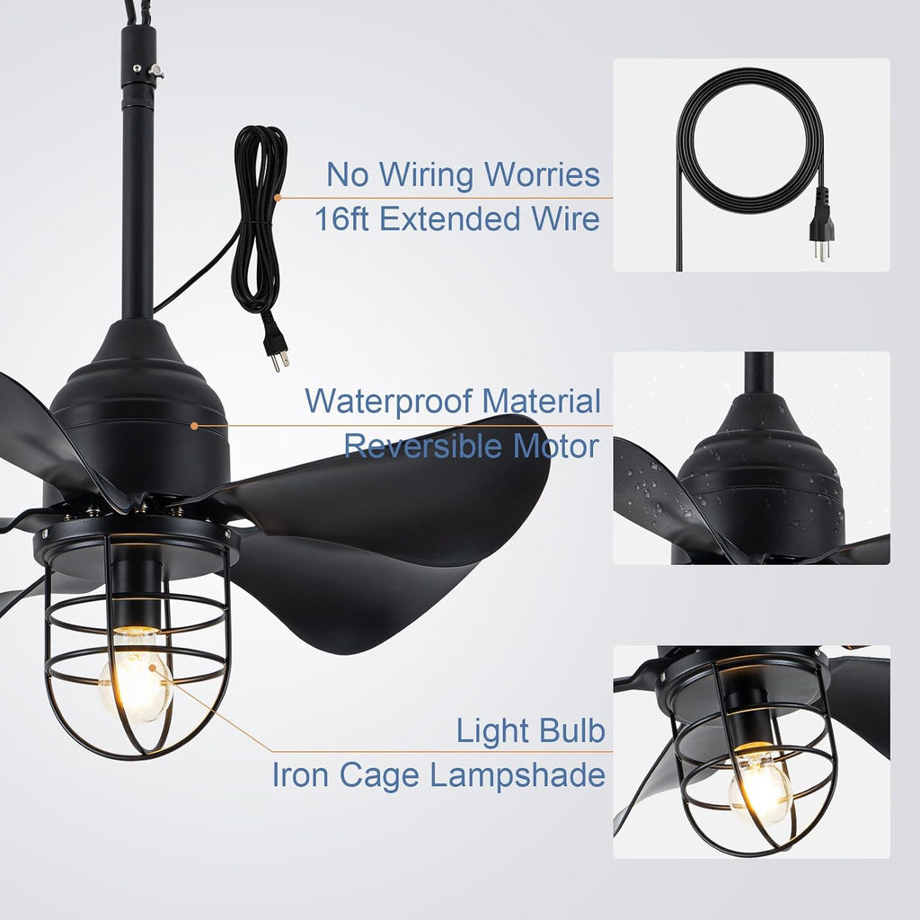 TIFEROR Outdoor Ceiling Fan with Light and Remote, IP65 Waterproof Ceiling Fan for patios, Plug In with Hanging and Hook, Lighting for Pergola, Canopy, Porch, Gazebo (BLACK)