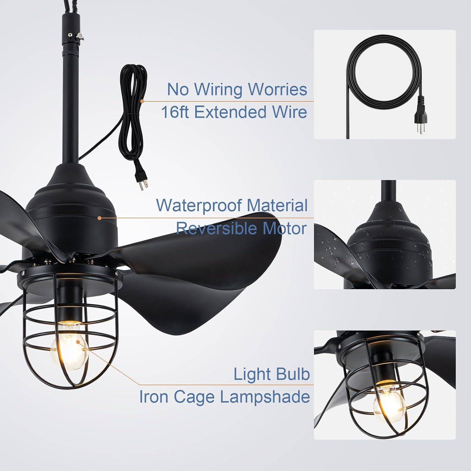 TIFEROR Outdoor Ceiling Fan with Light and Remote, IP65 Waterproof Ceiling Fan for patios, Plug In with Hanging and Hook, Lighting for Pergola, Canopy, Porch, Gazebo (BLACK)