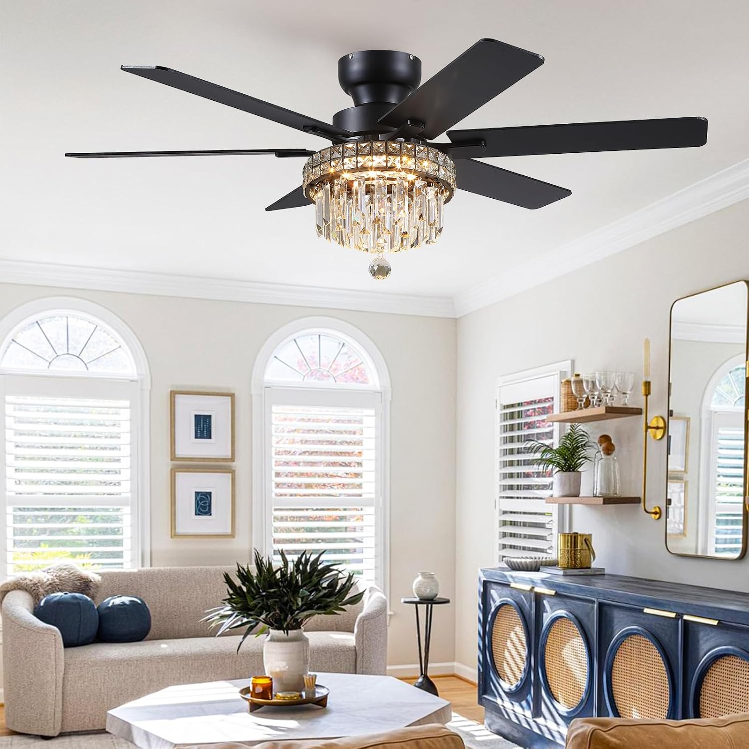 Asyko Chandelier Ceiling Fan -52' Crystal Ceiling Fan- Fandelier Fan Light Black with Remote, Reversible Motor, Dual-Sided 6 Blades, 3 Speed, Timer, Indoor Outdoor Fans, Living Room, Dining Room