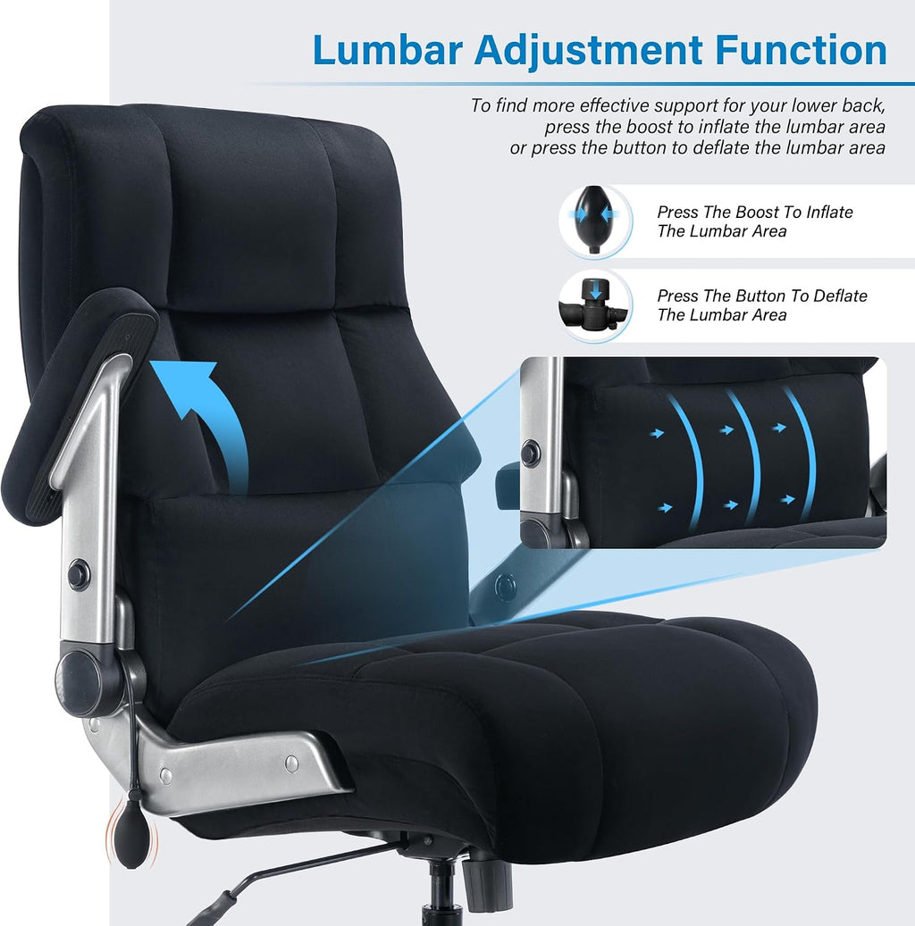 Big and Tall Office Chair 700lbs- Executive Desk Chair with Adjustable Lumbar Support 3D Flip UP Arms- Heavy Duty Quiet Wheels Metal Base Ergonomic Computer Chairs, Black