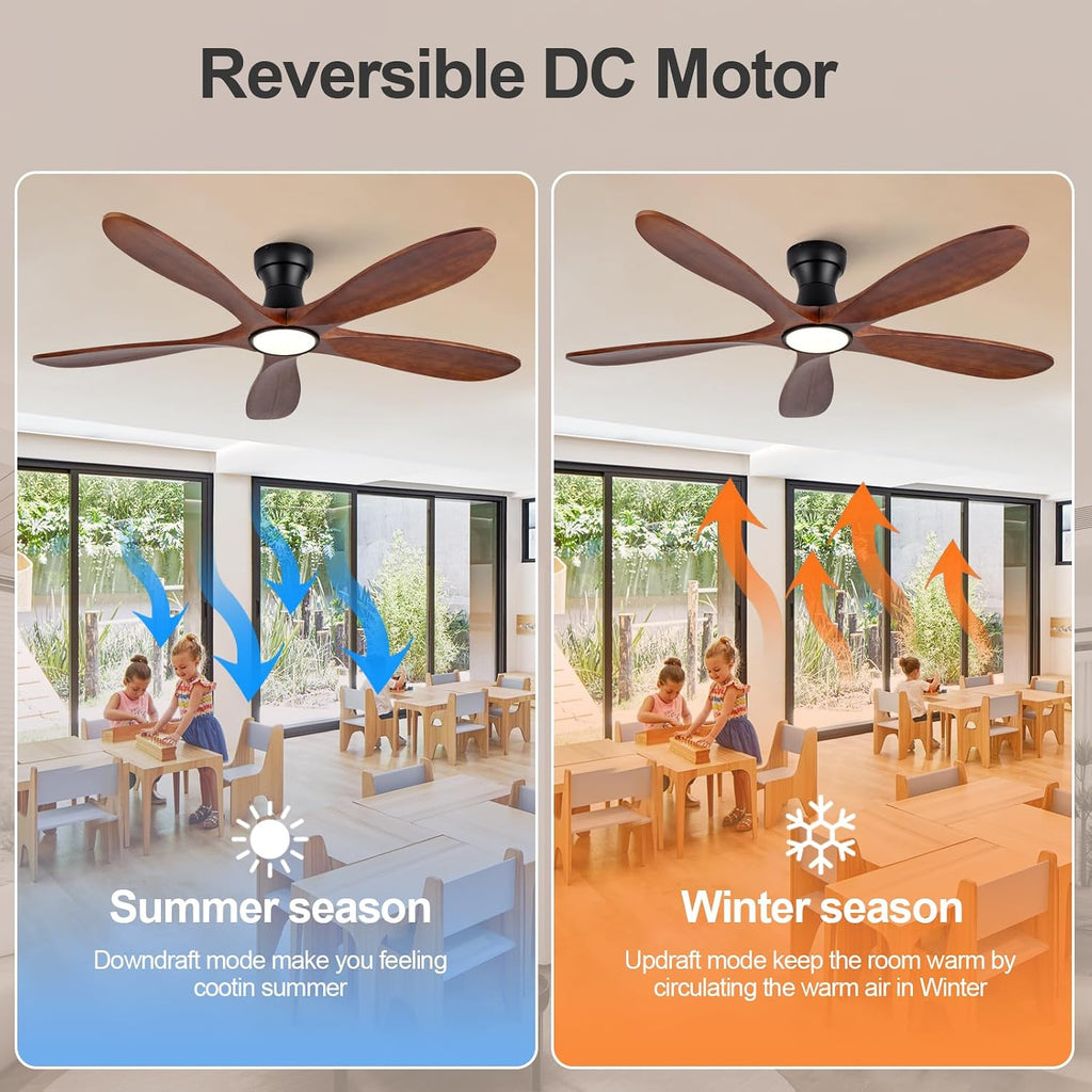 52 Inch Flush Mount Ceiling Fans with Lights and Remote, Dimmable 5 Blade Wood Outdoor Ceiling Fan Outdoor Fans for Patios Low Profile Modern Ceiling Fan with Light for Bedroom Living Room