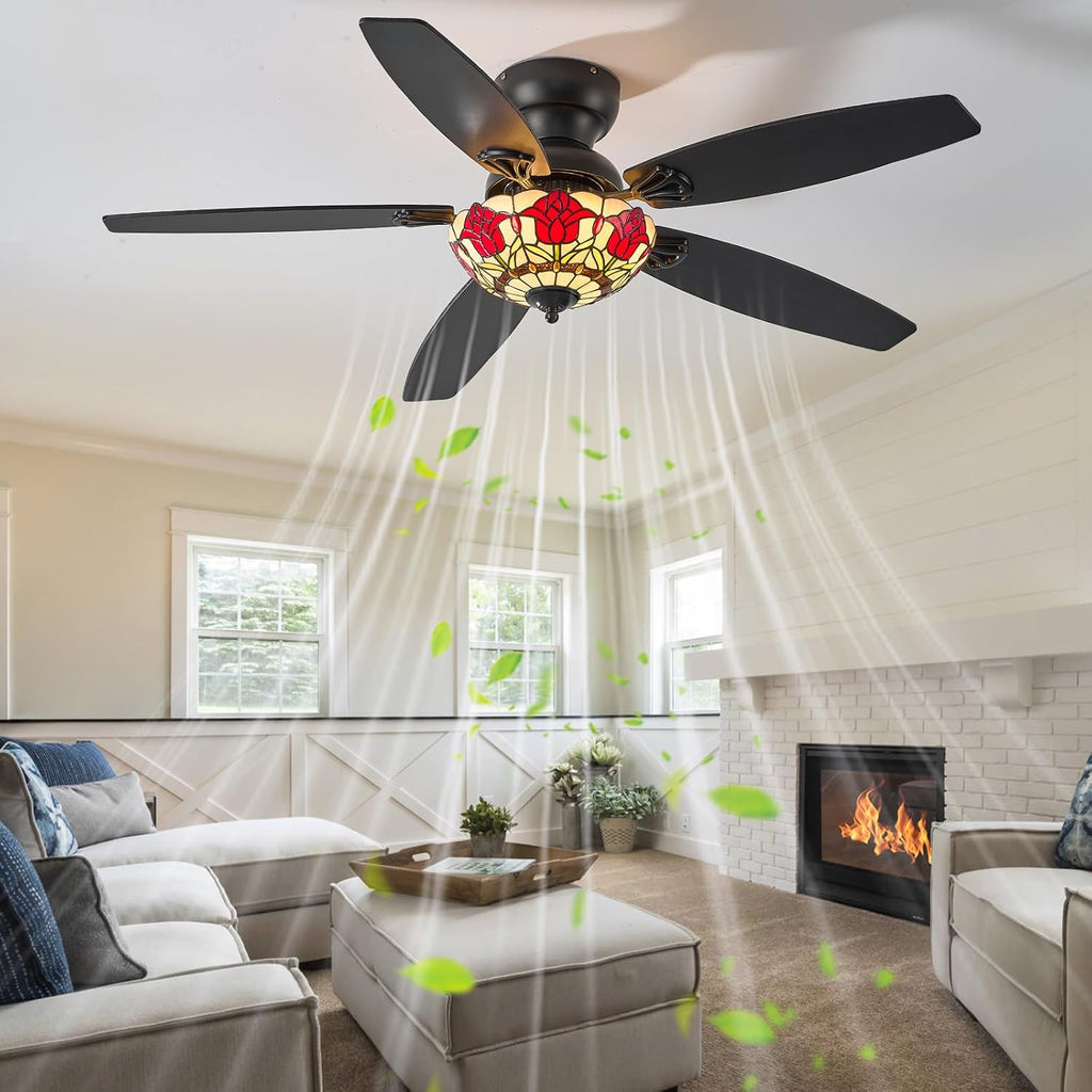 Tiffany Ceiling Fans with Lights - 52' Ceiling Fan Chandelier with 5 Dual-Blades and Glass Shade, 6 Speeds and Reversible, Indoor and Outdoor, Retro Style