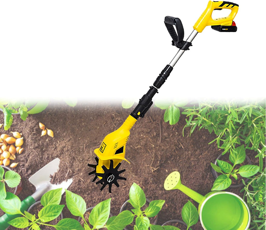 Cordless Tiller Cultivator 20V 250RPM Electric Tiller Handheld Battery Powered Garden Cultivator with Telescopic Rod for Lawn, Farms, Yard, Soil, 4' Cultivation Width and Depth,Yellow