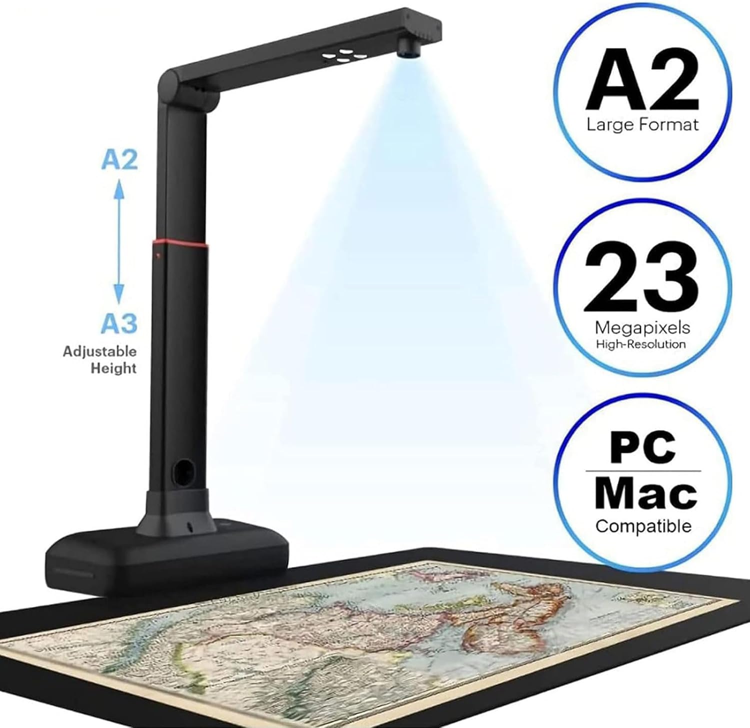 S21 Large Format Book Scanner, Capture Size a2/3, 23mp high Resolution, auto-Flatten & Fingerprint Removal Technologies, Adjustable Height, Multi-Language ocr, Run on Windows & macos.
