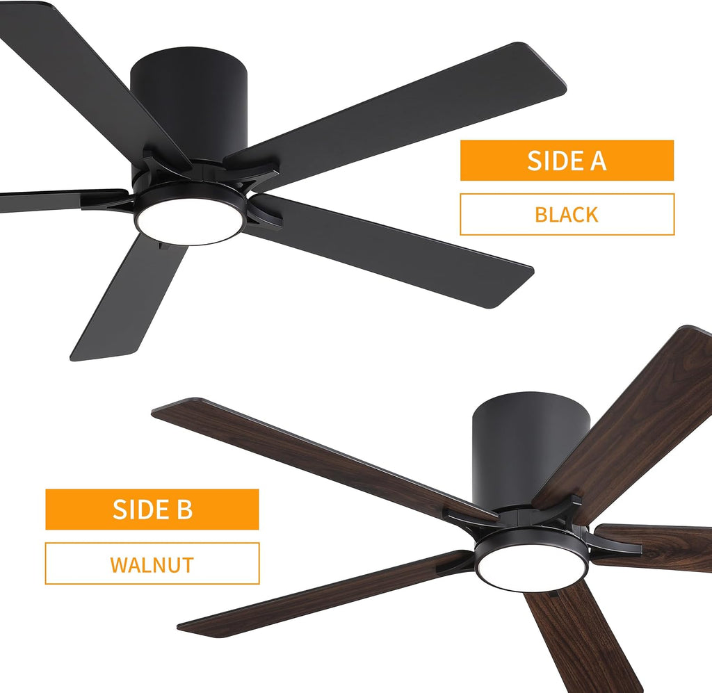 WINGBO 48' DC Flush Mount Ceiling Fan with Lights, 6-Speed Reversible DC Motor, 3CCT, Low Profile Hugger Ceiling Fan for Living Room Bedroom Kitchen, Black Finish and Black/Walnut Blades
