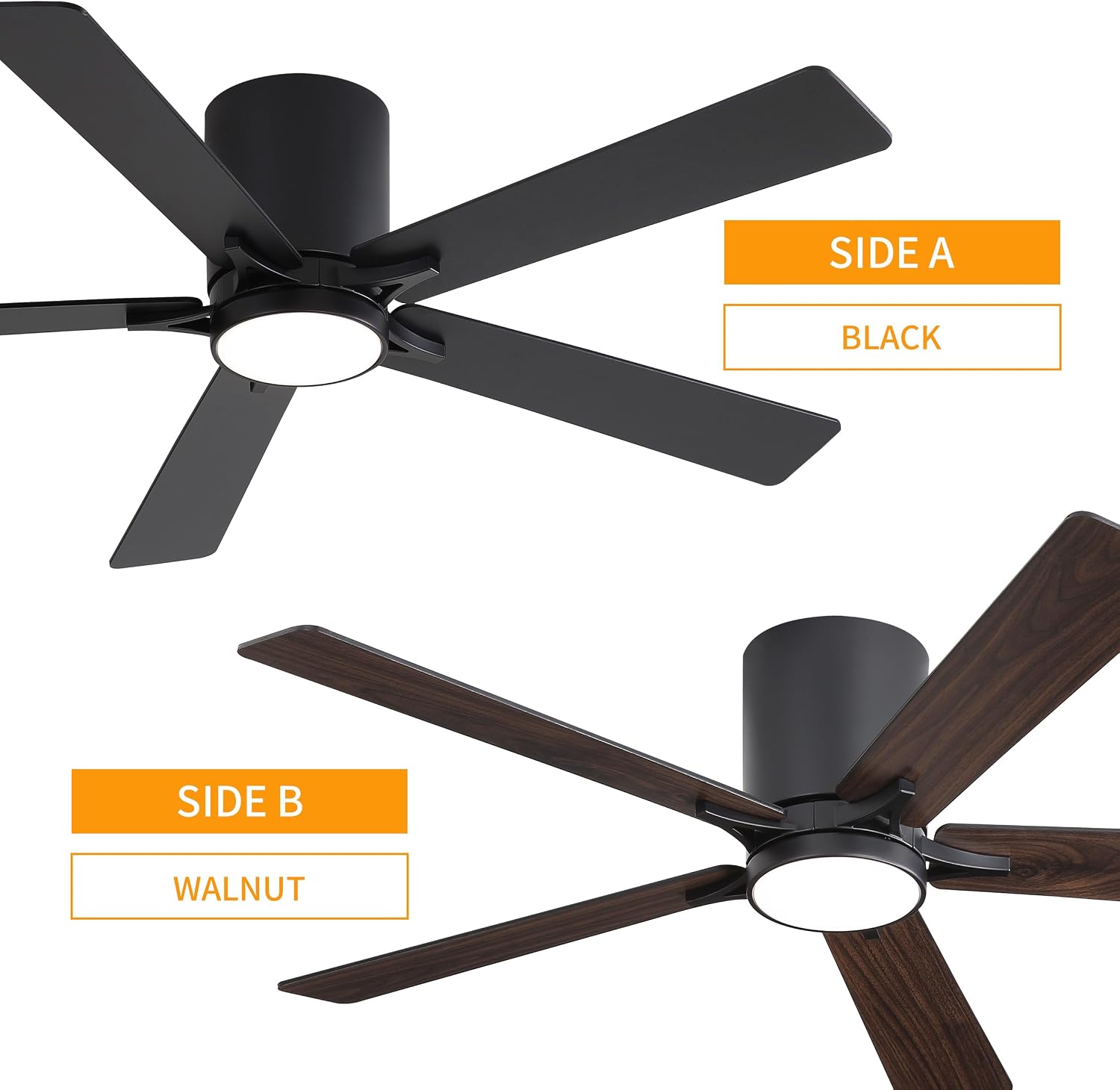 WINGBO 48' DC Flush Mount Ceiling Fan with Lights, 6-Speed Reversible DC Motor, 3CCT, Low Profile Hugger Ceiling Fan for Living Room Bedroom Kitchen, Black Finish and Black/Walnut Blades