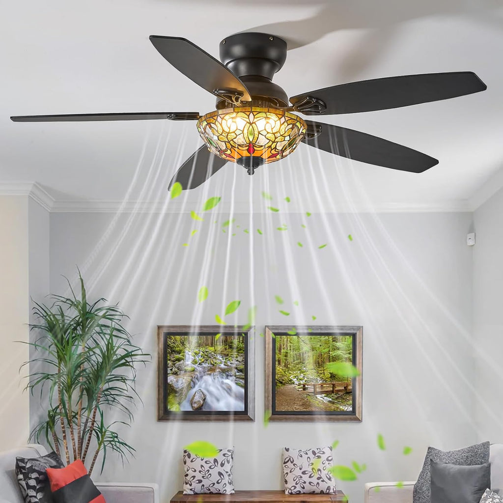 Ceiling Fans with Lights - 52' Ceiling Fan Chandelier with 5 Dual-Blades and Glass Shade, 6 Speeds and Reversible, Indoor and Outdoor, Retro Style
