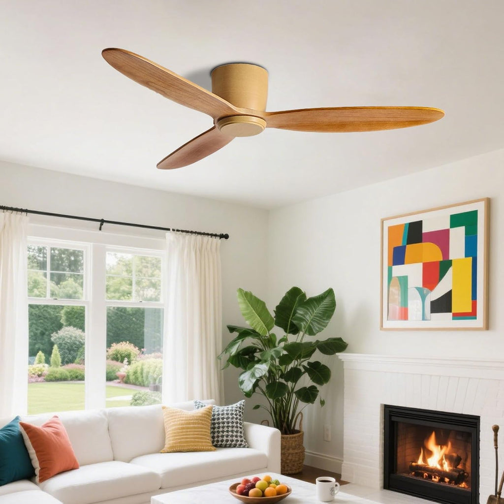 Flush Mount Ceiling Fans with Remote, Solid Wood 42in Low Profile Ceiling Fan Without Lights Modern 6 Speeds Ceiling Fan No Light for Bedroom Living Room Dining Room
