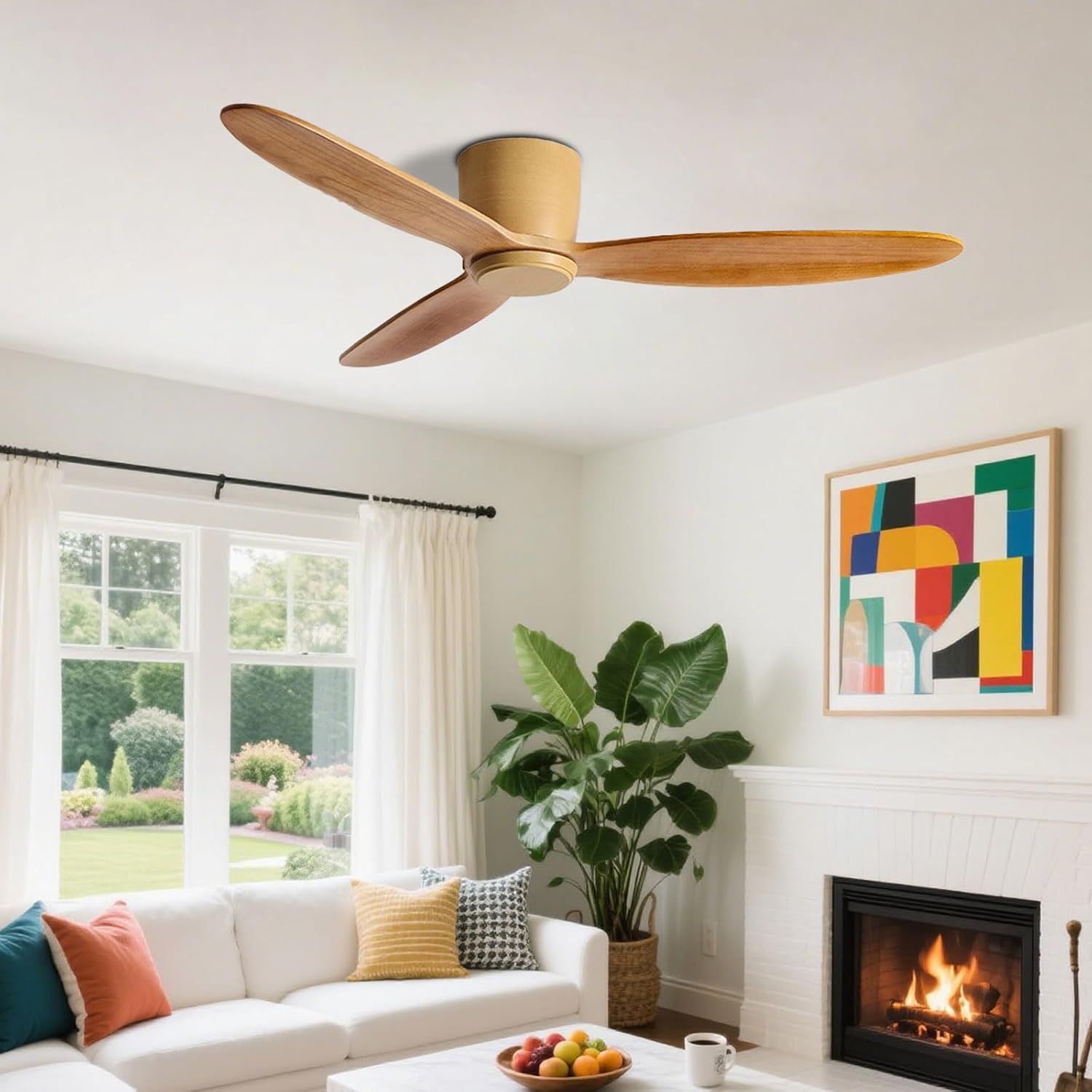 Flush Mount Ceiling Fans with Remote, Solid Wood 42in Low Profile Ceiling Fan Without Lights Modern 6 Speeds Ceiling Fan No Light for Bedroom Living Room Dining Room