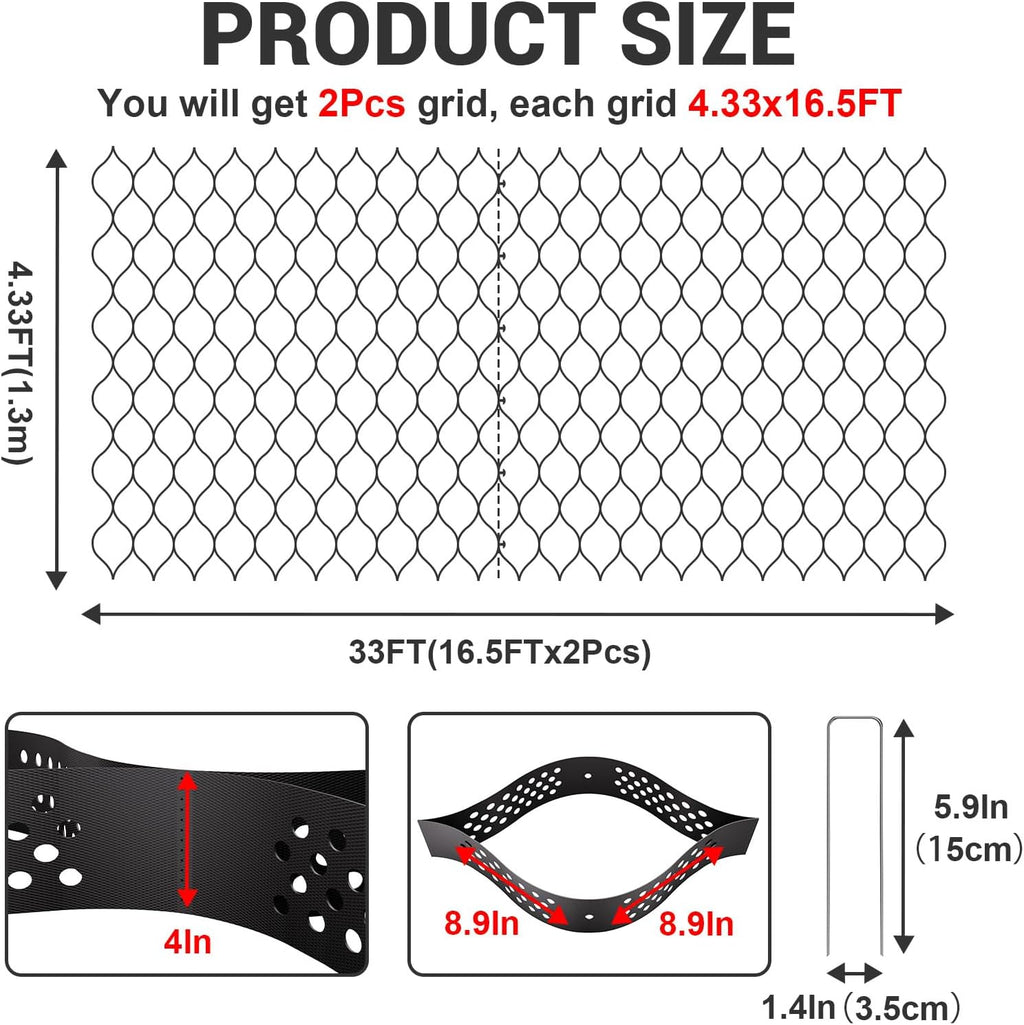 Gravel Grid 4.4x33 FT with 50Pcs Landscape Staples, 4'' Thick Geogrid Ground Grid 2200 lbs per Sq Ft Erosion Control Geo Grid for Driveway, Walkway, Horse Paddock, Patio, Parking Lot, Slope