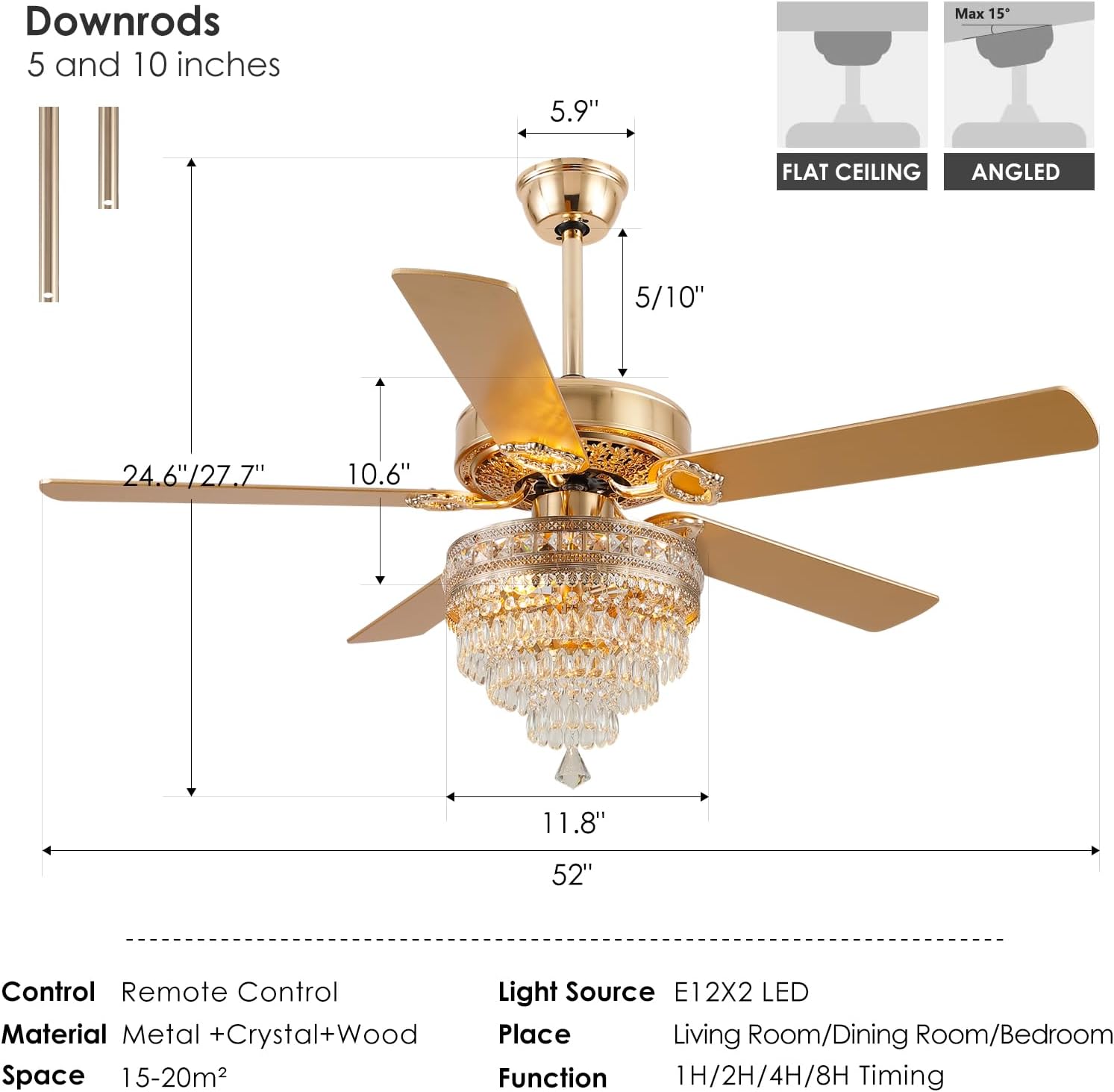 Asyko 52' Golden Crystal Ceiling Fan Fandelier with Lights - Modern Chandelier Fans with Remote Control，Noiseless DC Motor, Retro/Farmhouse Lighting, Dining Room,Living Room