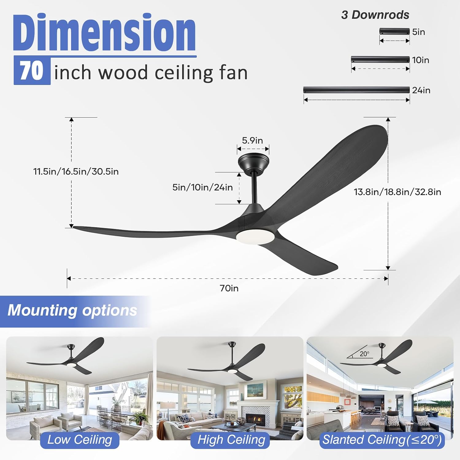70 Inch Black Outdoor Ceiling Fans for Patios with Light, Large Modern Wood Ceiling Fan with Light and Remote, Quiet Reversible Dc Motor, Propeller Indoor Exterior Ceiling Fan for Gazebo Garage Porch