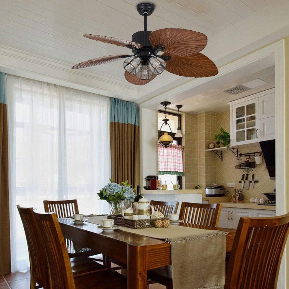 Tropical Ceiling Fan Outdoor Downrod Ceiling Fan with Sunset Bowl Light, Five Hand Carved Wooden Leaf Blades for Dining Bed Room Patio Porch (52Inch, 3Light)