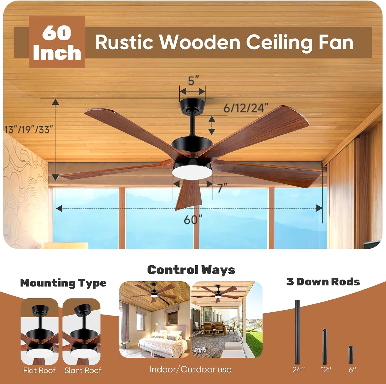 60 Inch Low Profile Ceiling Fan with Light, Modern Farmhouse Outdoor Ceiling Fans for Patio with Remote, Flush Mount Quiet Reversible Ceiling Fan for Bedroom Kitchen Gazebo