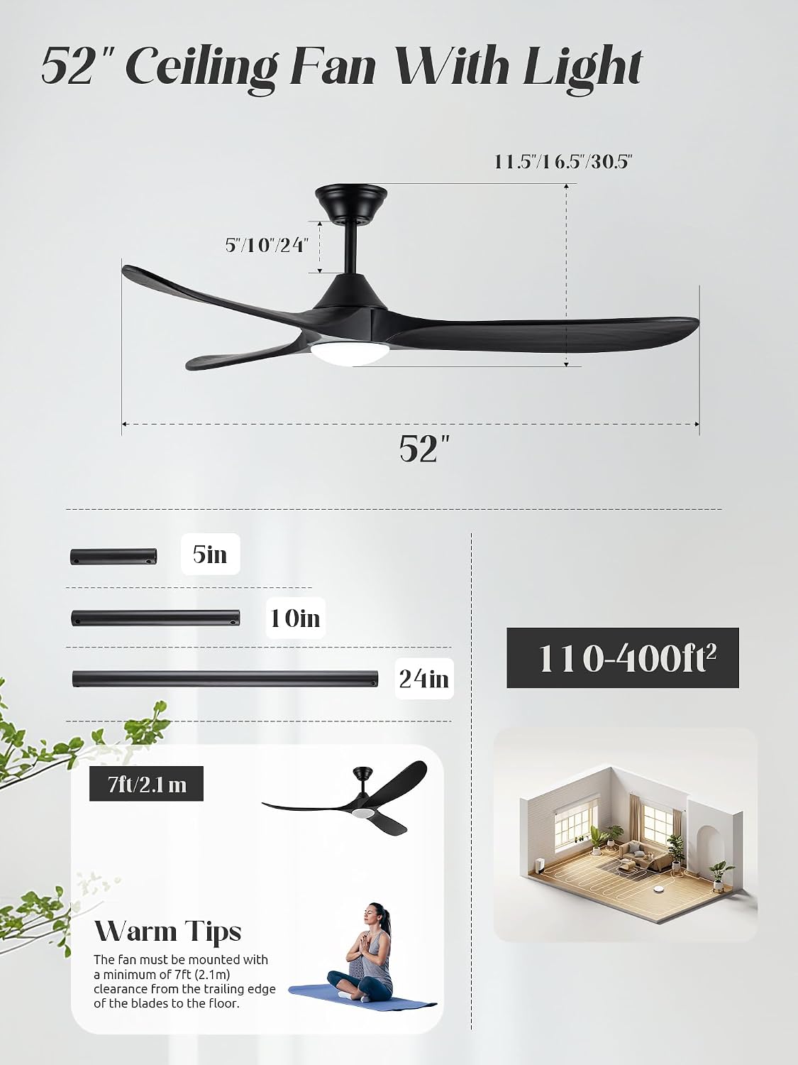Black Modern Ceiling Fan with Light and Remote, 52 Inch 3 Blade Wood Propeller Ceiling Fan with Light Quiet Reversible Dc Motor, Indoor Outdoor Ceiling Fans for Patios Bedroom Farmhouse Gazebo
