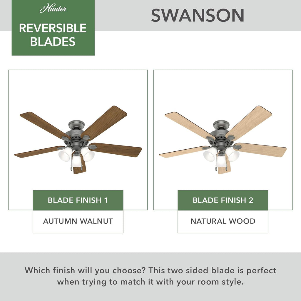 Hunter 52 inch Indoor Ceiling Fan with LED Lights - Ceiling Fan with Pull Chain, For Bedroom, Living Room, or Kitchen, Standard Mount, No Remote, 5 Blades - Swanson 50894, Matte Silver